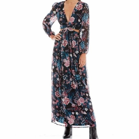 Floral Print Black and Pink Side Cutout Long Sleeve Multicolor Maxi Dress - Picture 1 of 8